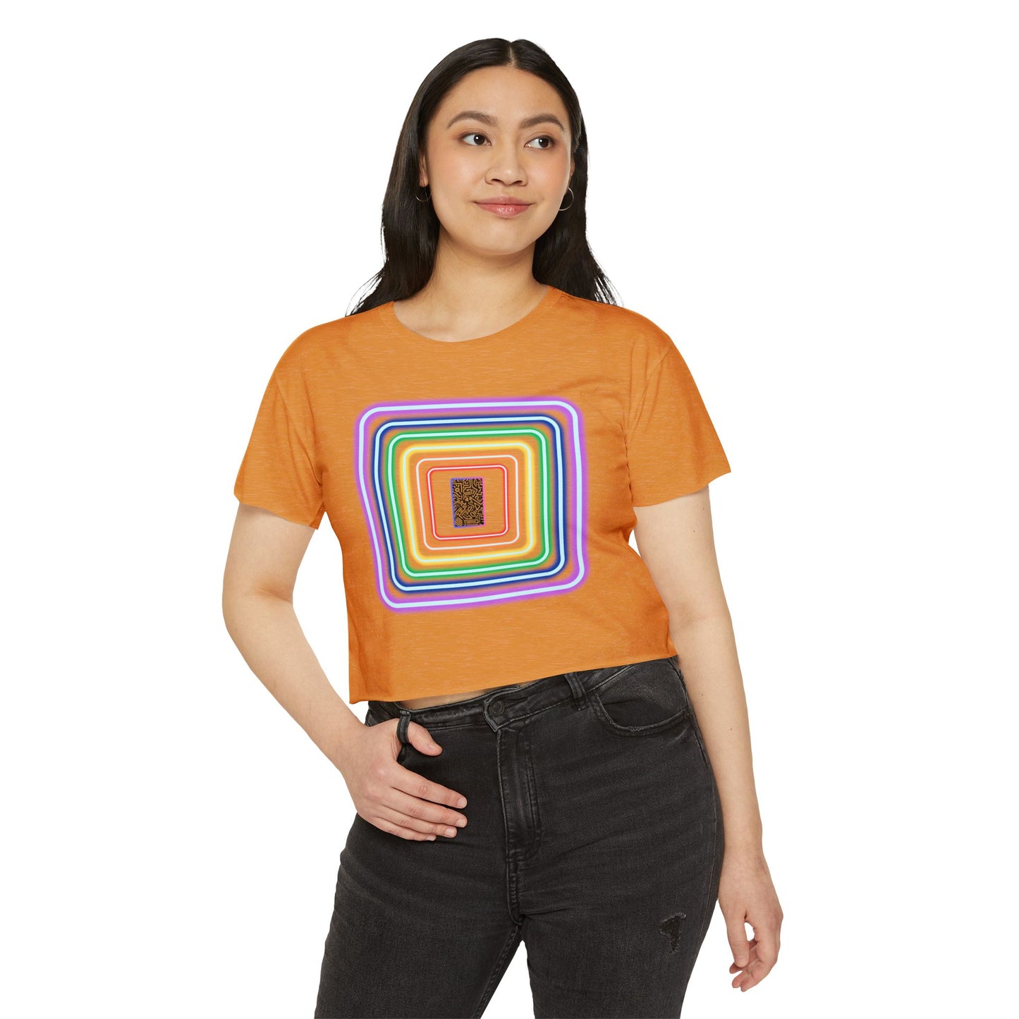 Pulse - Women's Festival Crop Top with Colorful Stripes, Summer Fashion, Stylish Festival Outfit, Boho Crop Tee, Trendy Casual Wear