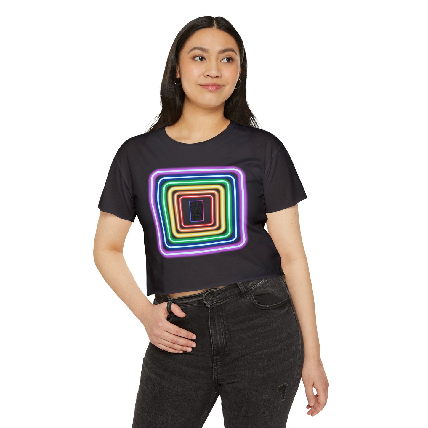 Pulse - Women's Festival Crop Top with Colorful Stripes, Summer Fashion, Stylish Festival Outfit, Boho Crop Tee, Trendy Casual Wear