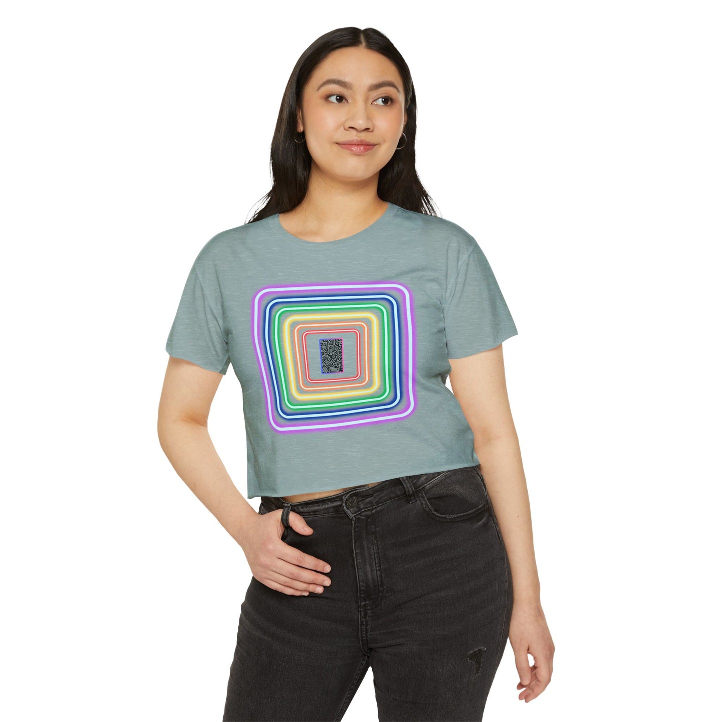 Pulse - Women's Festival Crop Top with Colorful Stripes, Summer Fashion, Stylish Festival Outfit, Boho Crop Tee, Trendy Casual Wear