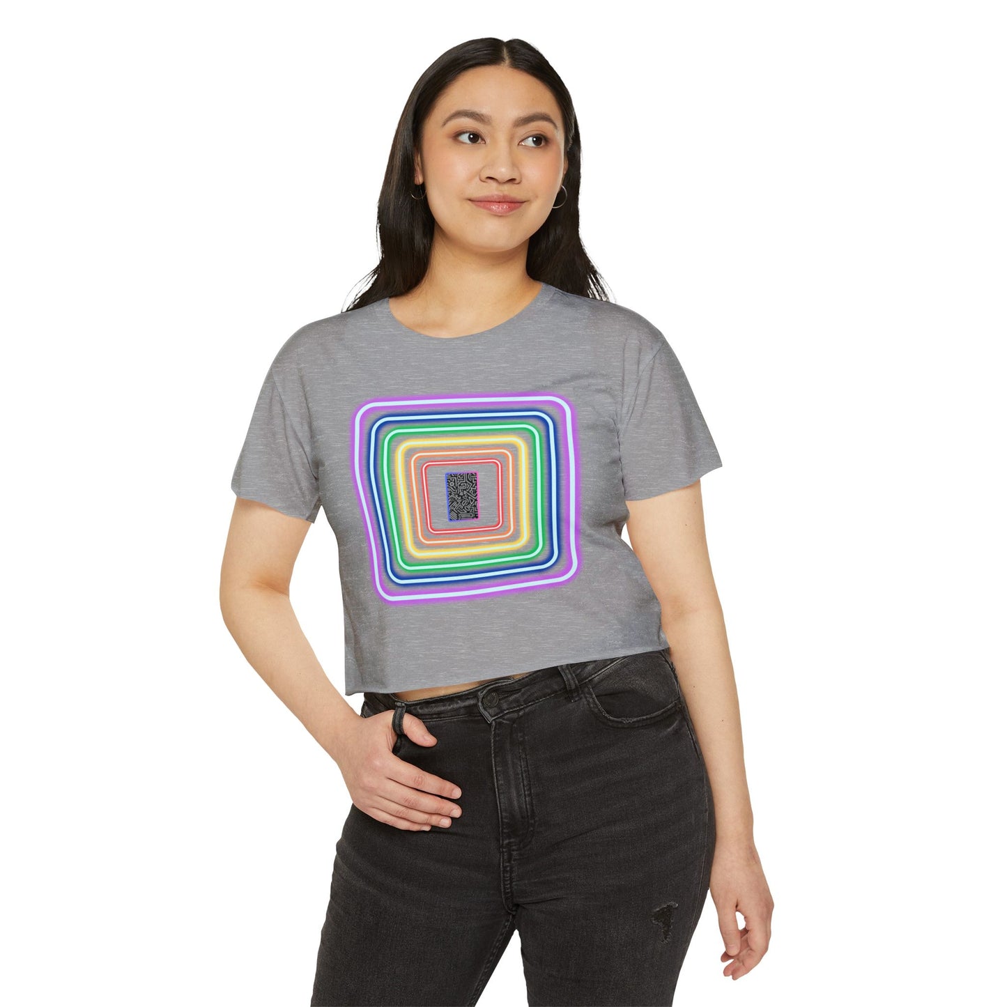 Pulse - Women's Festival Crop Top with Colorful Stripes, Summer Fashion, Stylish Festival Outfit, Boho Crop Tee, Trendy Casual Wear