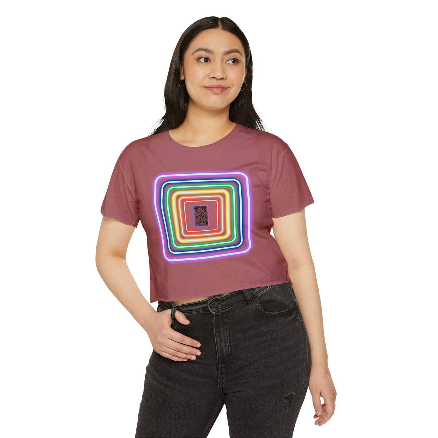 Pulse - Women's Festival Crop Top with Colorful Stripes, Summer Fashion, Stylish Festival Outfit, Boho Crop Tee, Trendy Casual Wear
