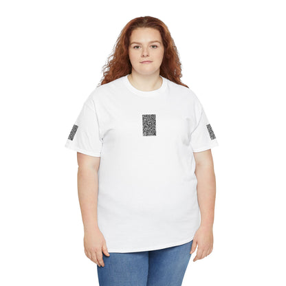 Pulse Graphic Tee — Minimalist White T-Shirt with QR Chest & Sleeve Print