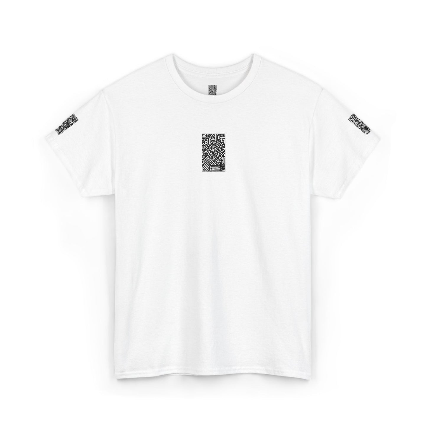 Pulse Graphic Tee — Minimalist White T-Shirt with QR Chest & Sleeve Print