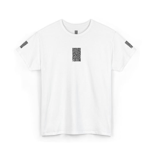 Pulse Graphic Tee — Minimalist White T-Shirt with QR Chest & Sleeve Print
