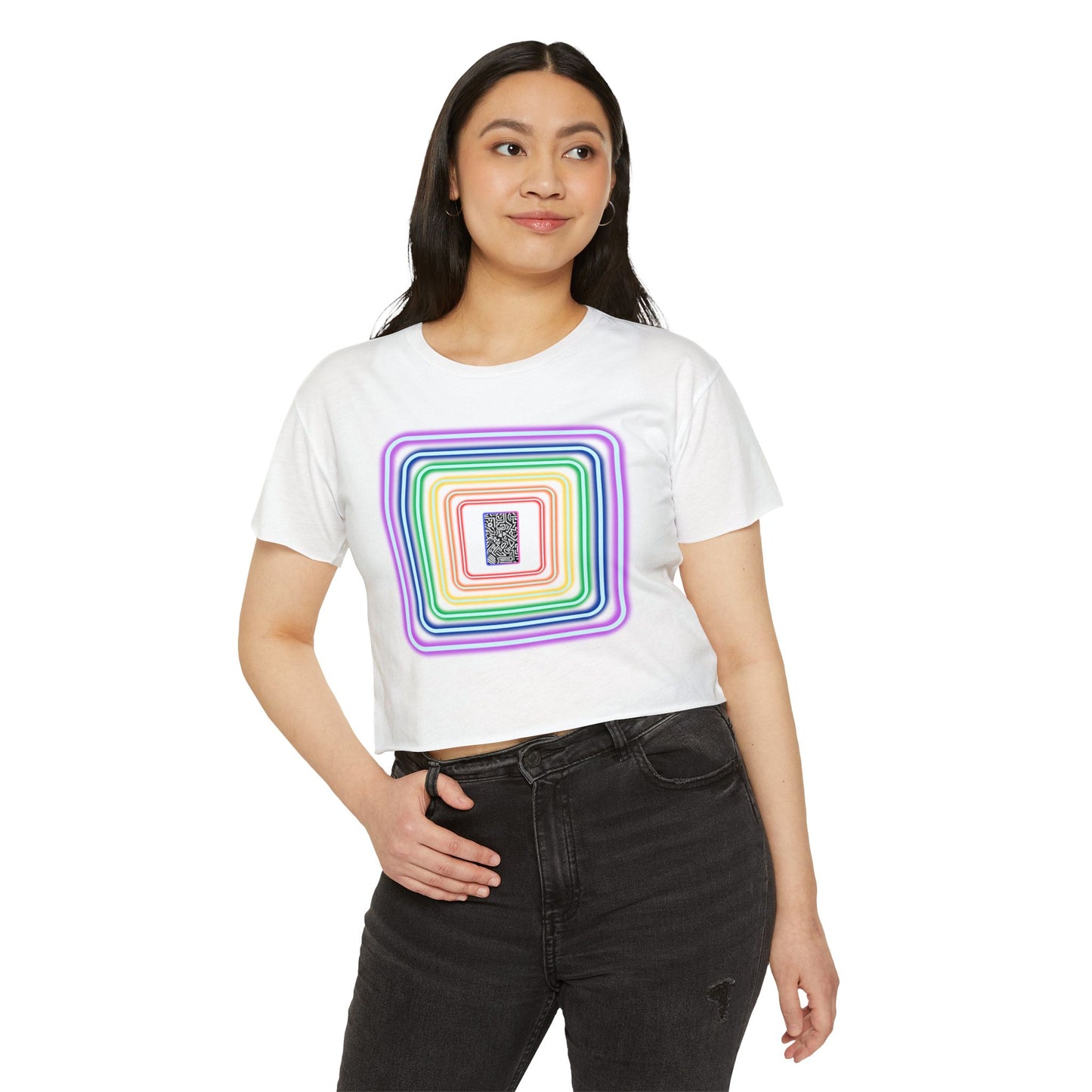 Pulse - Women's Festival Crop Top with Colorful Stripes, Summer Fashion, Stylish Festival Outfit, Boho Crop Tee, Trendy Casual Wear
